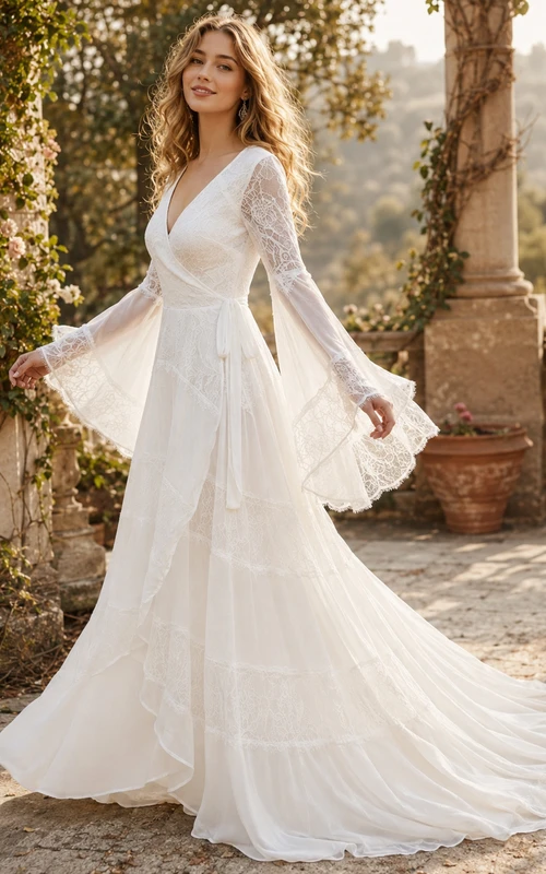 Robe de mariée trapèze en dentelle à manches longues cloche et drapé à volants