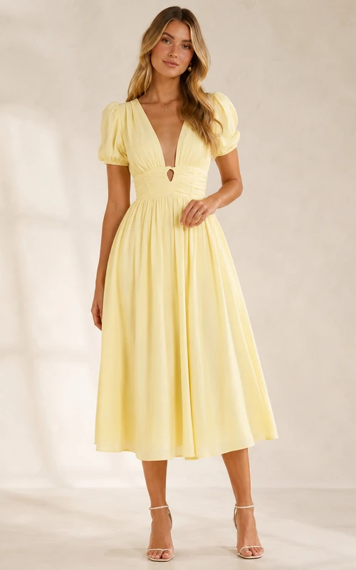 Gelbes A-Linien-Gästekleid mit Puffärmeln, V-Ausschnitt und Teelänge