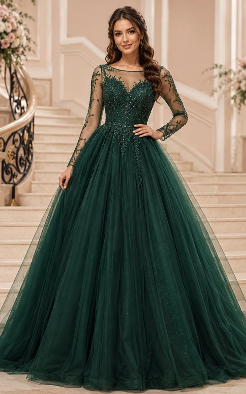 Dark Green Sweetheart Long Illusion Sleeve Tulle Ball Gown Luxury Dress