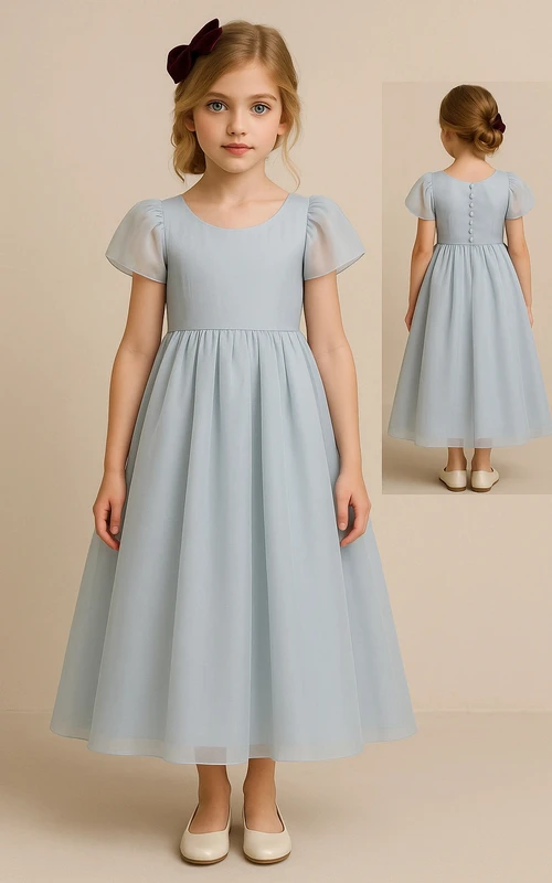 Satin-Blumenmädchenkleid in A-Linie, Teelänge, mit Rundhalsausschnitt und Kappe