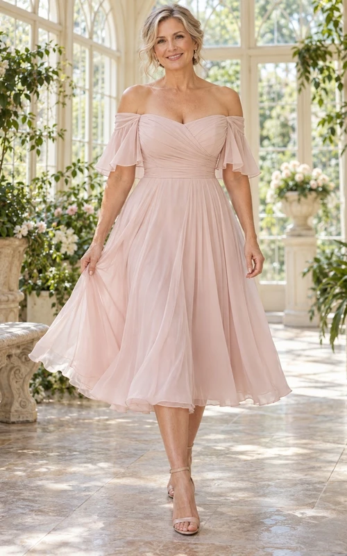 Vestido de novia de corte A, largo midi, color rosa palo, con mangas acampanadas y plisado de gasa.