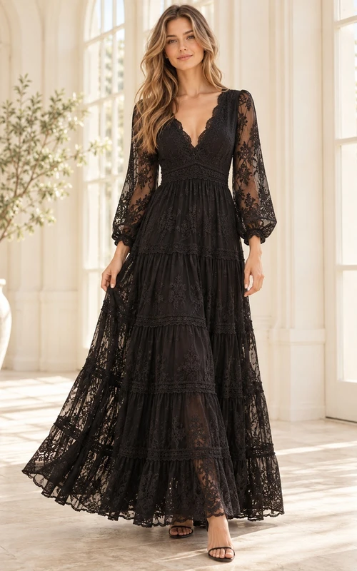 Robe de soirée noire à col en V, manches longues bouffantes et empiècements en dentelle