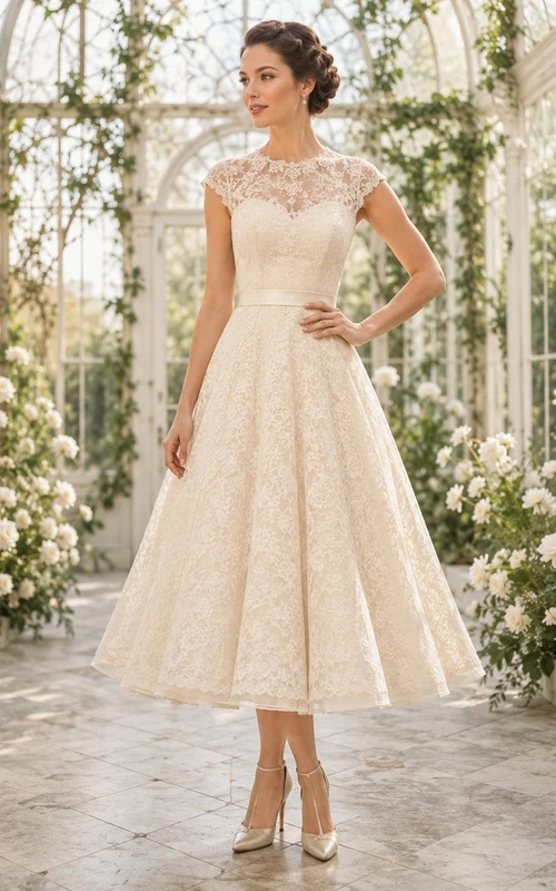 Vintage Teelänge, U-Boot-Ausschnitt, kurze Ärmel, Spitze, A-Linie, schlicht und elegant, Brautkleid