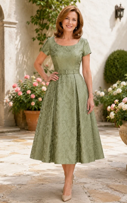 Sage Tea-Length A-Line Vintage Petite Mother of the Bride Cocktail Dress with Scoop Neck Short Sleeves and Wide Defined Waist