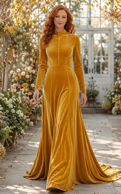 Vestido de novia de terciopelo color oro mostaza, modesto, con cuello joya y mangas largas, estilo sirena, para capilla.