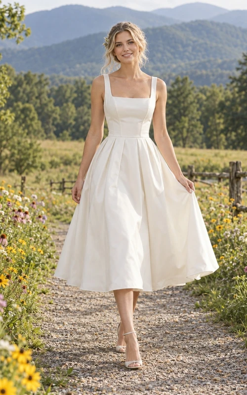 Vestido de novia sencillo de satén tejido plisado, sin mangas, con escote cuadrado y corte en A, largo hasta la rodilla