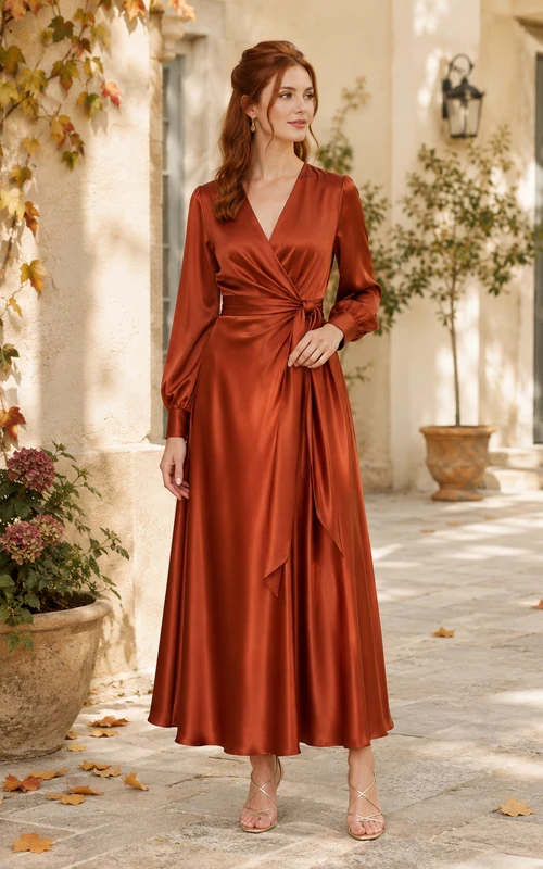 Vestido de invitada de boda color óxido, satén, corte en A, escote en V, manga larga, largo midi.