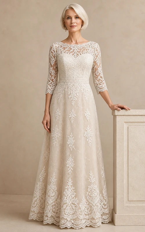 Robe de mariée sobre en dentelle, coupe trapèze, longueur au sol, manches trois-quarts, à bordures discrètes, pour les mariées plus âgées