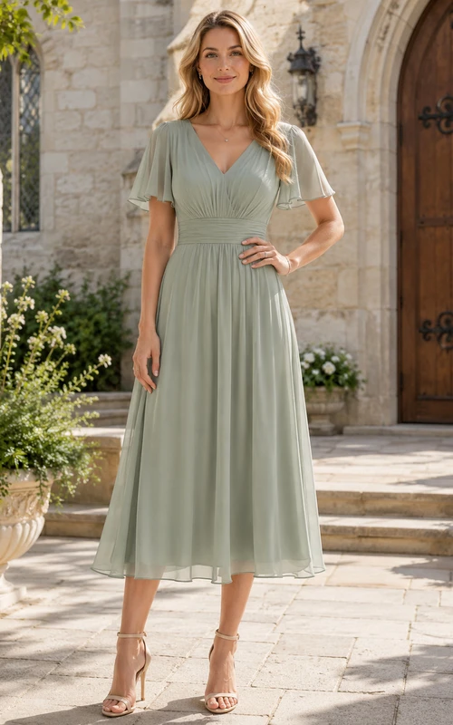 Church Sage V-Neck Chiffon A-Line Tea-Length Short Sleeve Guest Dress
