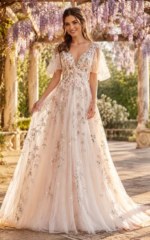 Robe de mariée en tulle et dentelle rose poudré, coupe trapèze, col en V, manches courtes et traîne.
