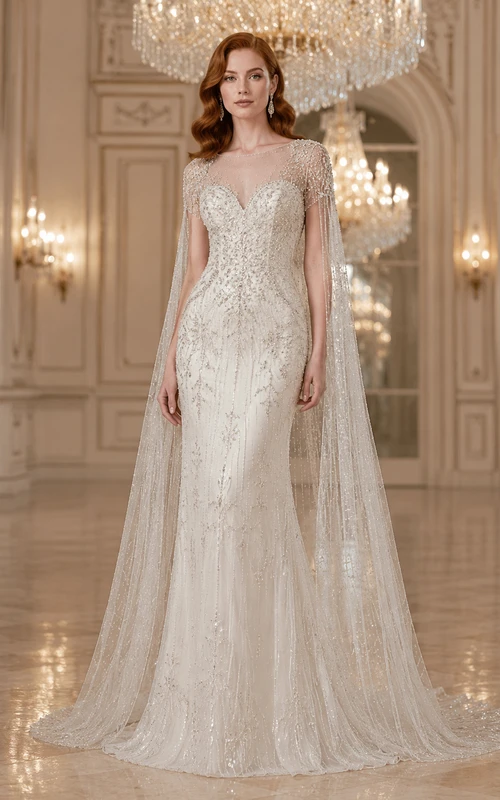 Vestido de novia de tubo con encaje y cuentas de manga larga y cola tipo capa
