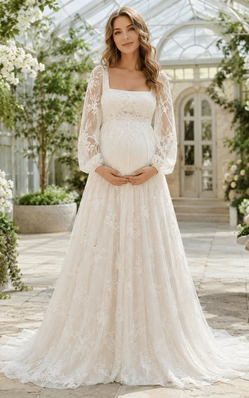 Maternity Square Neck Lace Bell Sleeve Empire Wedding Dress