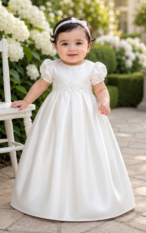 Round Neck Baptism Gown A-Line Satin Lace Short Sleeve Smooth Skirt