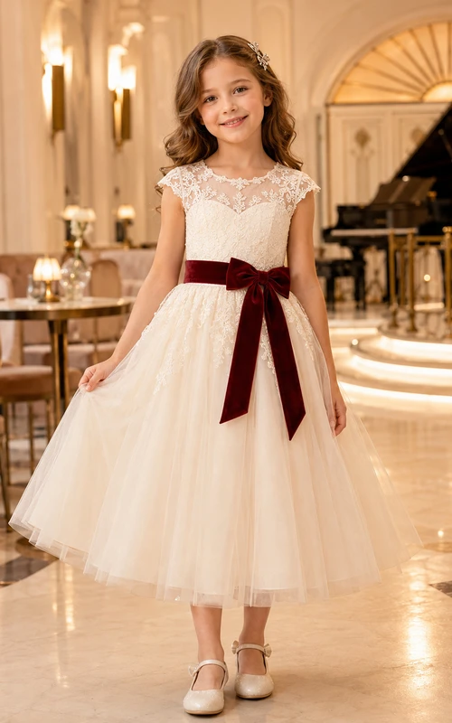 Vestido de niña de flores color marfil, largo hasta la rodilla, encaje, tul, corte en A, escote ilusión, escote barco, manga corta, lazo de terciopelo burdeos