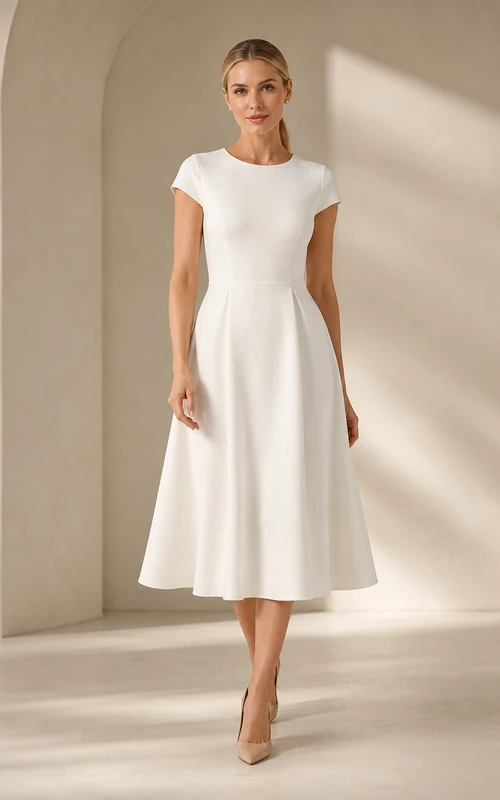 White Clean Jewel-Neck A-Line Tea-Length Short-Sleeve Simple Guest Dress