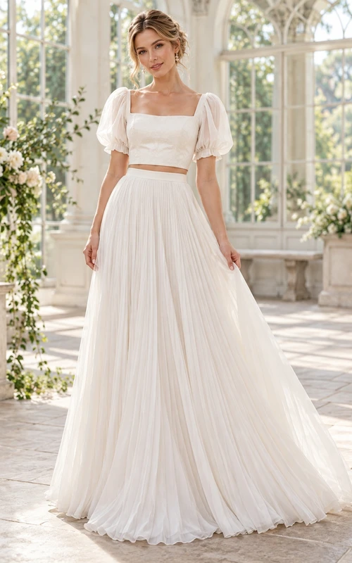 Two Piece Square Neck Sheer Puff Sleeve Chiffon Wedding Dress