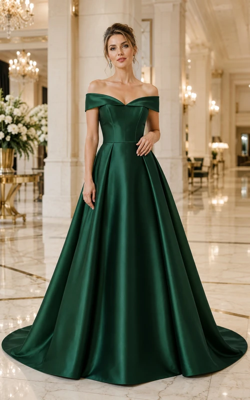 Abendkleid, dunkelgrünes Satin-Ballkleid, schulterfrei, kurze Ärmel, Schleppe