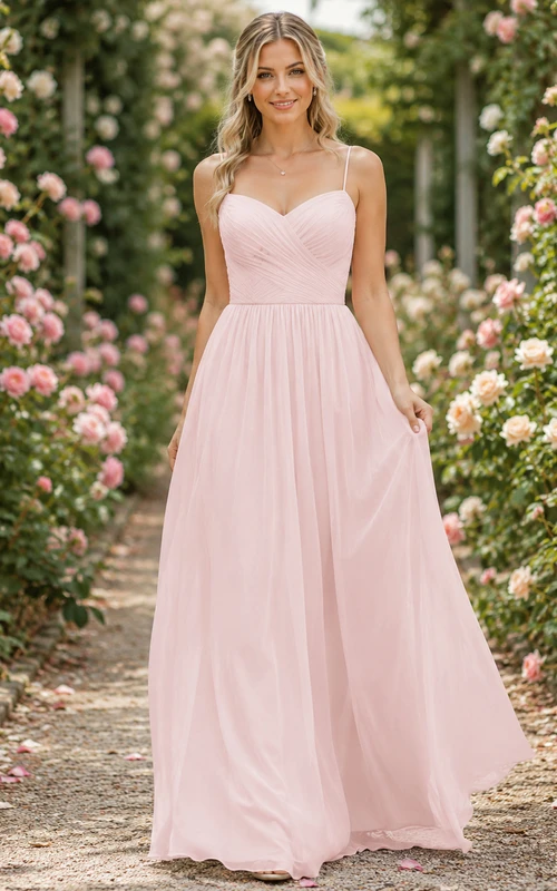 Pink Sweetheart Spaghetti Strap Chiffon Garden Bridesmaid Gown