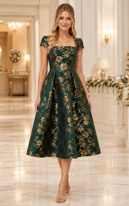 Vestido de fiesta verde oscuro con cuello cuadrado y mangas cortas de jacquard dorado.