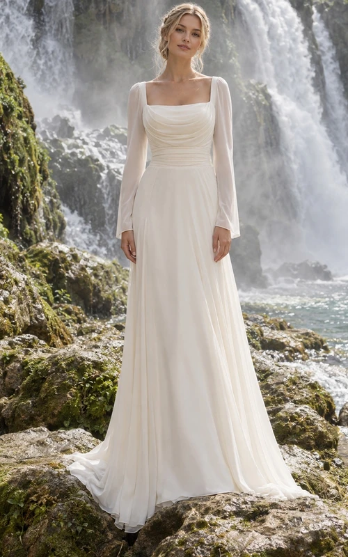Vestido de novia sencillo de corte A con escote cuadrado, manga larga, corpiño drapeado de gasa