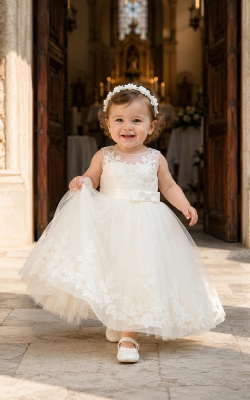 Robe élégante en dentelle sans manches, coupe trapèze, idéale pour une cérémonie religieuse ou un baptême de bébé. Romantique et ravissante, en tulle orné de bijoux, longueur thé.