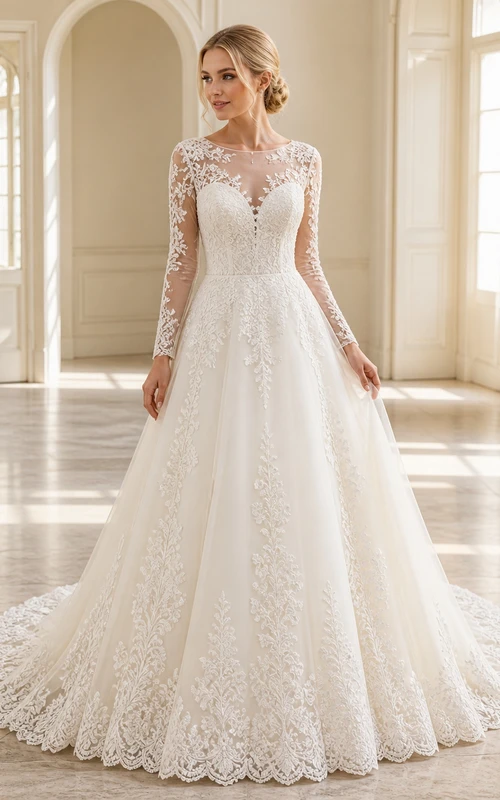 Vestido de novia modesto de manga larga, corte A, estilo barco, con encaje y estampado de vides, ideal para capilla.