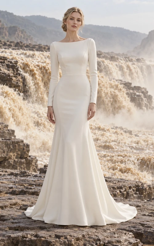Vestido de novia sencillo y modesto de manga larga estilo barco con cola y escote sirena.