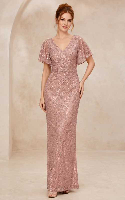 Dusty Rose Sequin Flutter Sleeve Evening Dress