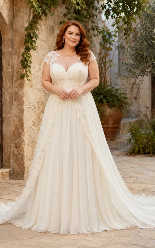 Vestido de novia de talla grande con escote en V, corpiño de encaje, corte en A y mangas cortas.