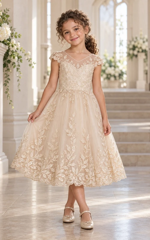 Tea-length Champagne Floral A-line Tulle Cap-sleeve V-neck Scalloped Flower Girl Dress