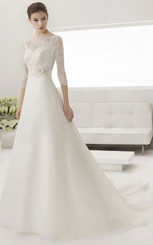 A-Linien-Kleid mit U-Boot-Ausschnitt, 3-4 Illusionsärmeln und Blumenmuster