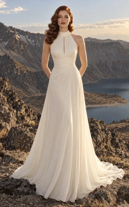 Brautkleid aus Georgette mit hohem Kragen und Neckholder, plissiertem Oberteil und fließender A-Linien-Schleppe