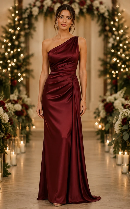 Burgundy Satin One-Shoulder Sheath Bridesmaid Dress