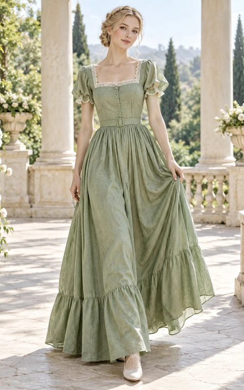 Robe victorienne modeste couleur sauge à col carré, manches bouffantes et jupe ample
