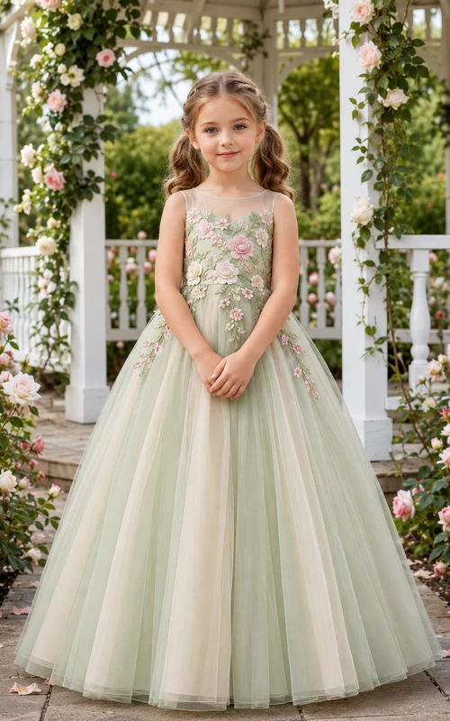 Robe de demoiselle d'honneur bleu sauge pastel, coupe trapèze, ornée de roses brodées, bretelles spaghetti, jupe en tulle et traîne jusqu'au sol.
