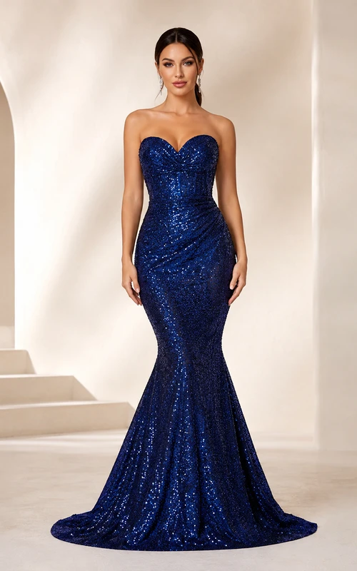 Dark Navy Sequin Strapless Mermaid Formal Gown