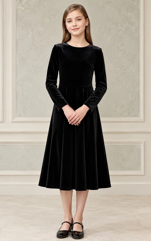 Vestido negro de punto con cuello redondo, manga larga y corte en A.