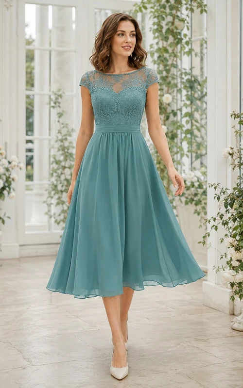 Himmelblaues, schlichtes Brautkleid aus Chiffon mit U-Boot-Ausschnitt und A-Linien-Schnitt in Teelänge