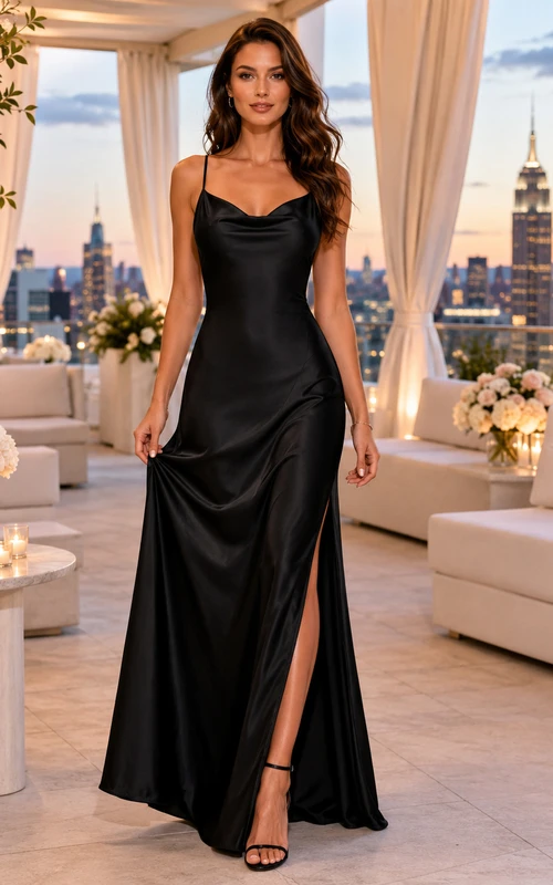 Black spaghetti strap cowl neck slit rooftop party gown