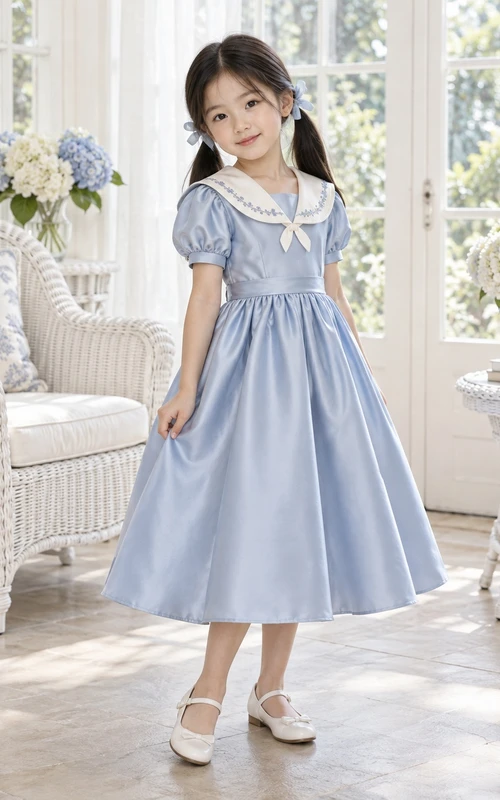 Vestido de niña de flores azul vintage de corte A con mangas abullonadas, cuello marinero y lazo, largo hasta la rodilla.