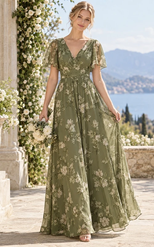 Dunkelgrünes, olivgrünes Chiffon-Brautjungfernkleid mit Blumenmuster, eckigem Ausschnitt, flatternden Ärmeln und bodenlanger Länge
