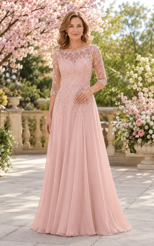 Mutterkleid aus Chiffon mit A-Linie, rosafarbenem Spitzenoberteil und langen Ärmeln