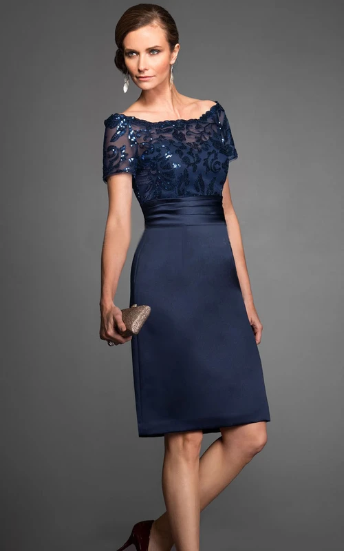 Kurzärmeliges, knielanges Brautmutterkleid mit Pailletten und Illusionseffekt