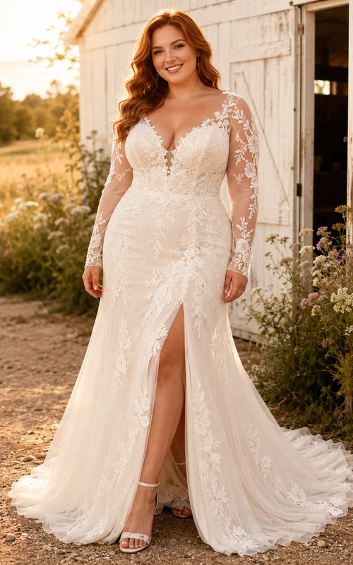 Robe de mariée sirène en dentelle, col en V, manches longues, traîne et fente