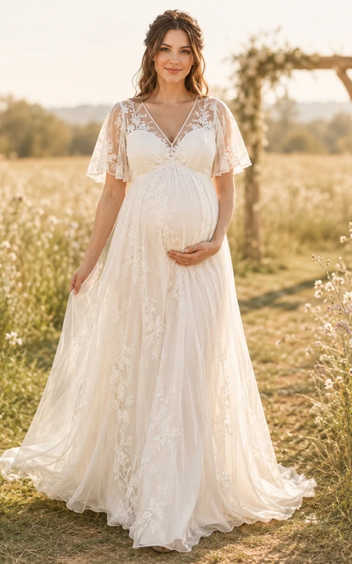 Robe de mariée de maternité en mousseline de soie, coupe trapèze, col en V, manches papillon, dentelle, longueur au sol