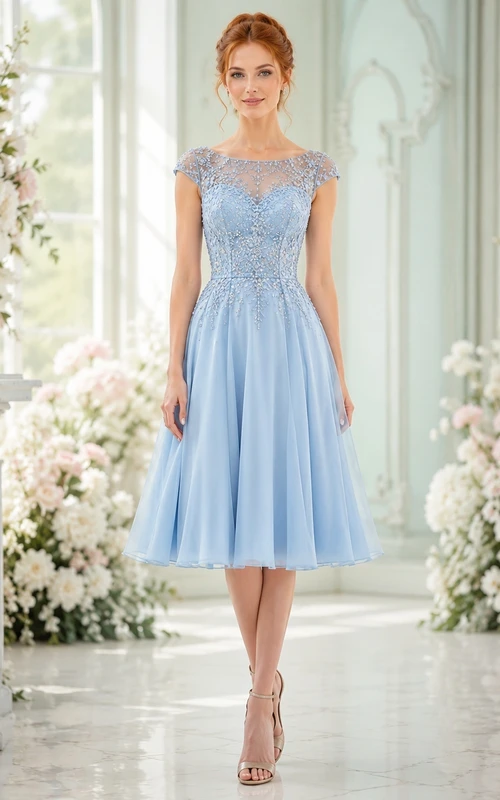 Himmelblaues, schulterfreies Chiffon-Kleid mit A-Linien-Schnitt, Teelänge und Spitzenoberteil mit Rundhalsausschnitt.