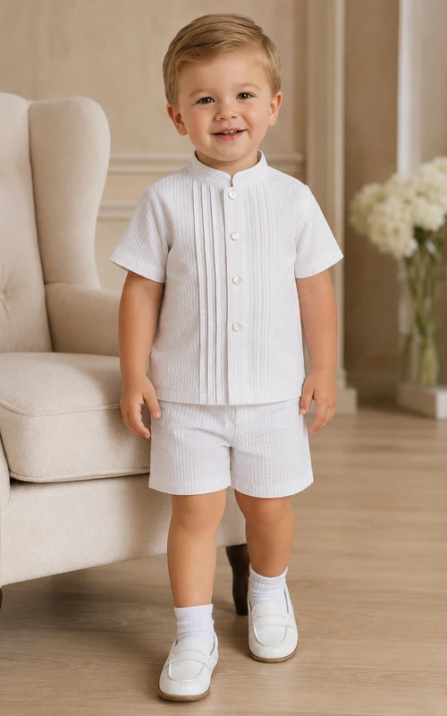 Conjunto de bautizo blanco con cuello mandarín, pliegues y manga corta para bebé niño.