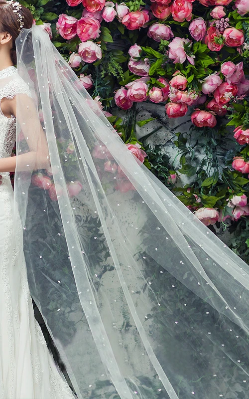 Voile de mariée en tulle long féerique orné de perles