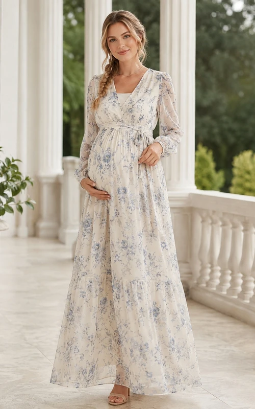 Floral Maternity V-Neck Three-Quarter-Sleeve Chiffon Empire Maxi Dress