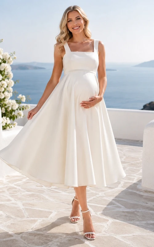 Vestido de novia premamá de satén sin mangas, corte en A, largo midi, con tirantes y escote cuadrado